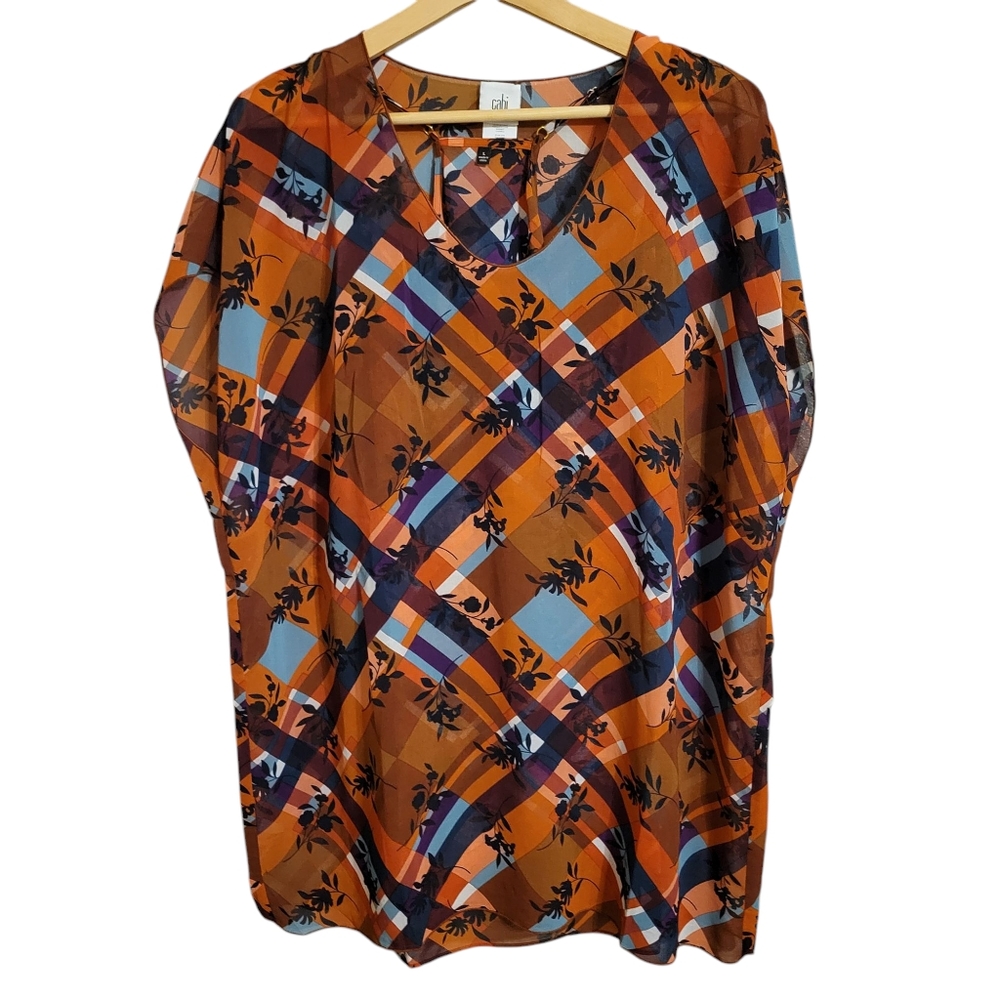 Cabi Lattice Plaid Floral Layered Tunic Blouse
